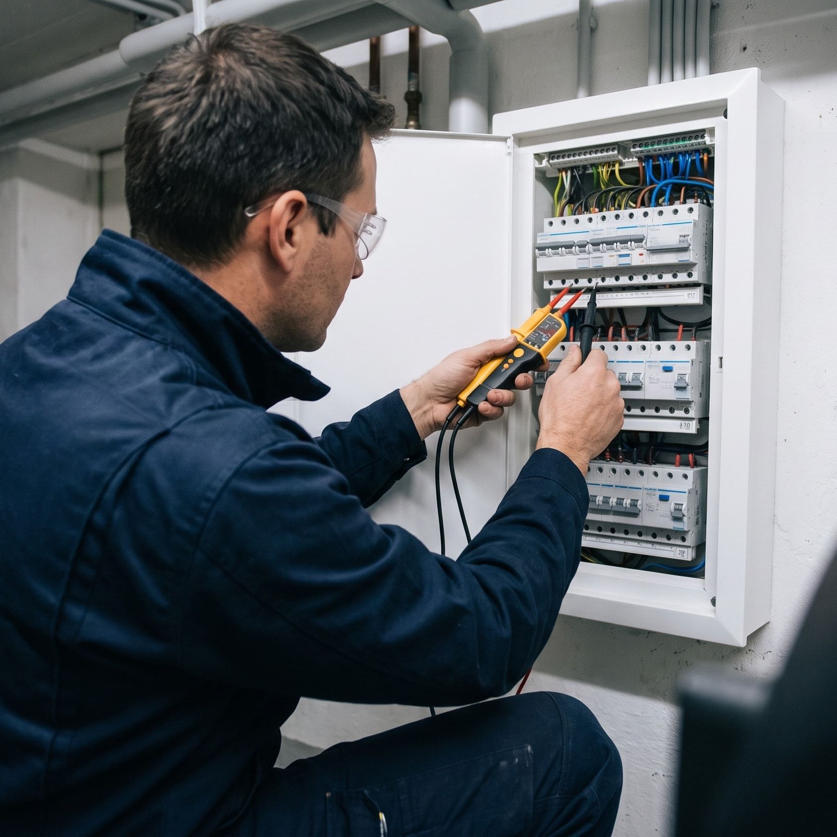Elektriker misst mit einem Spannungsprüfer an einer geöffneten Unterverteilung