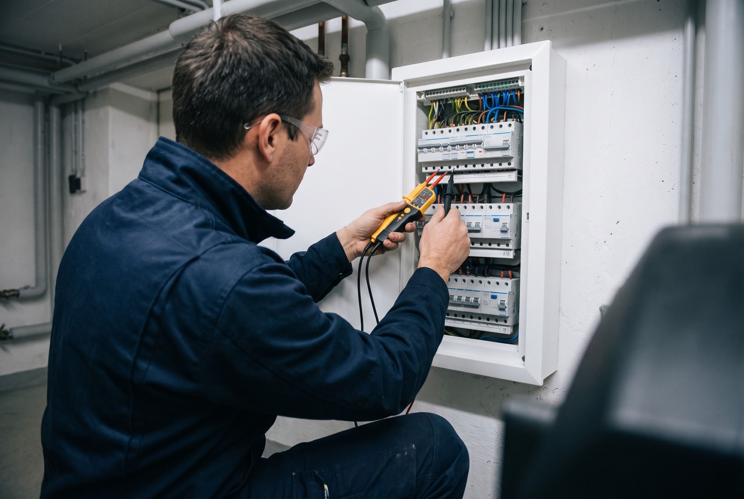 Elektriker misst mit einem Spannungsprüfer an einer geöffneten Unterverteilung