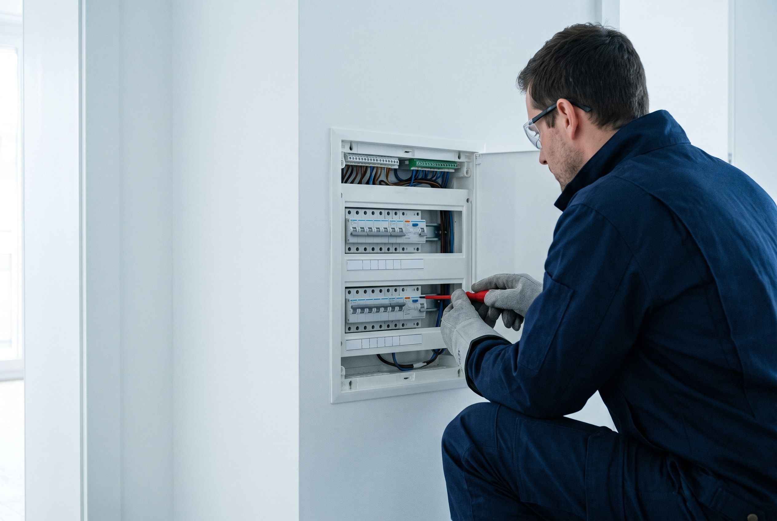 Elektriker in dunkelblauer Arbeitskleidung misst an einer geöffneten Unterverteilung