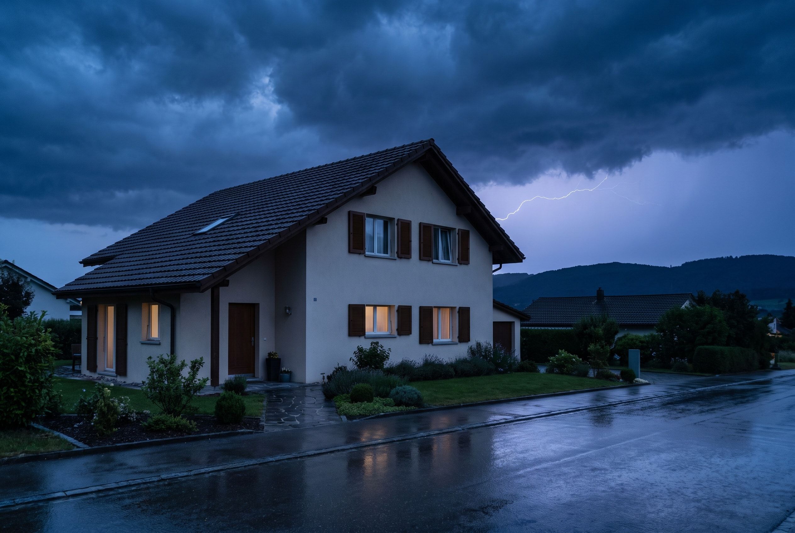 Gewitterwolken und ein entfernter Blitz über einem Einfamilienhaus