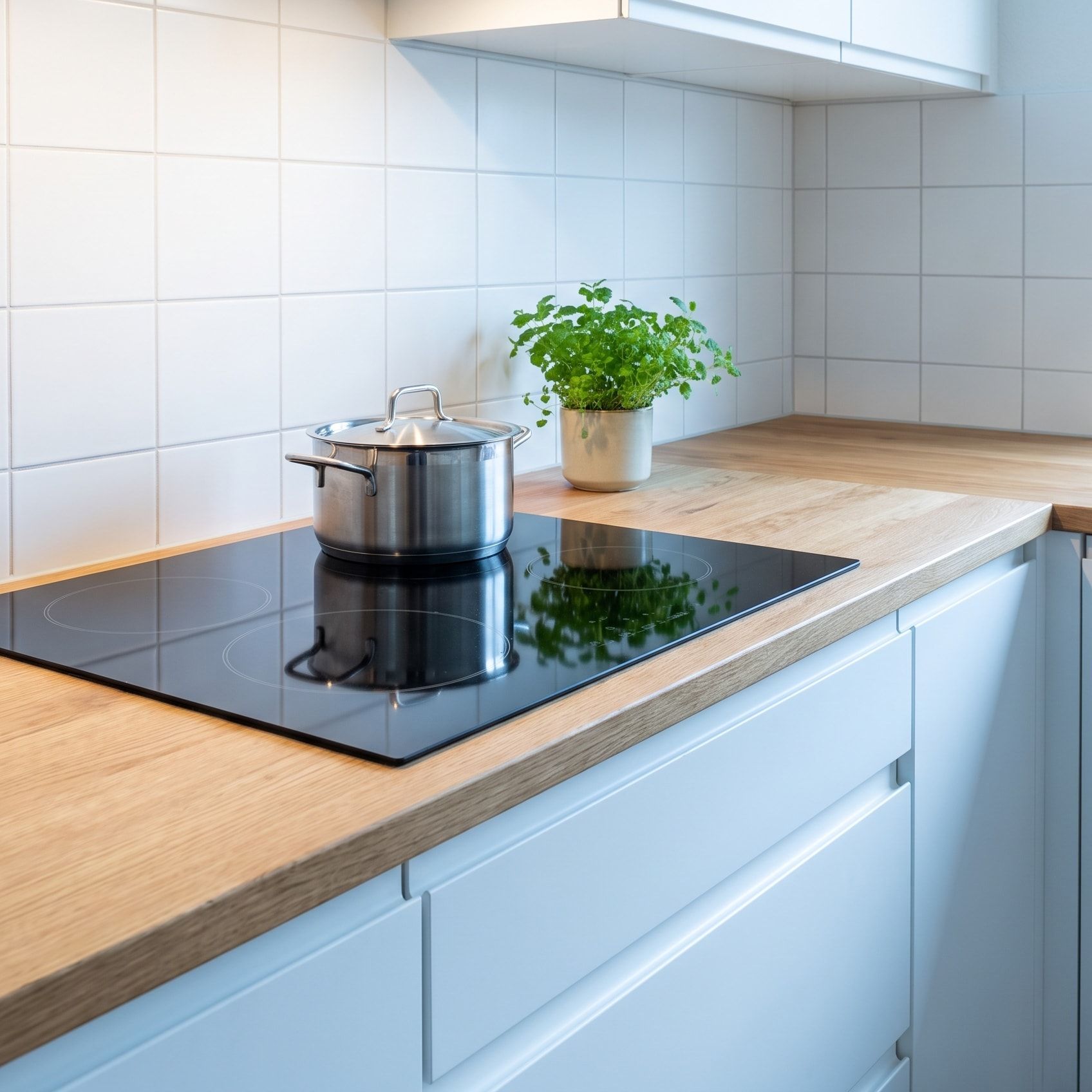 Induktionskochfeld in einer hellen Küche mit Arbeitsplatte aus Eiche