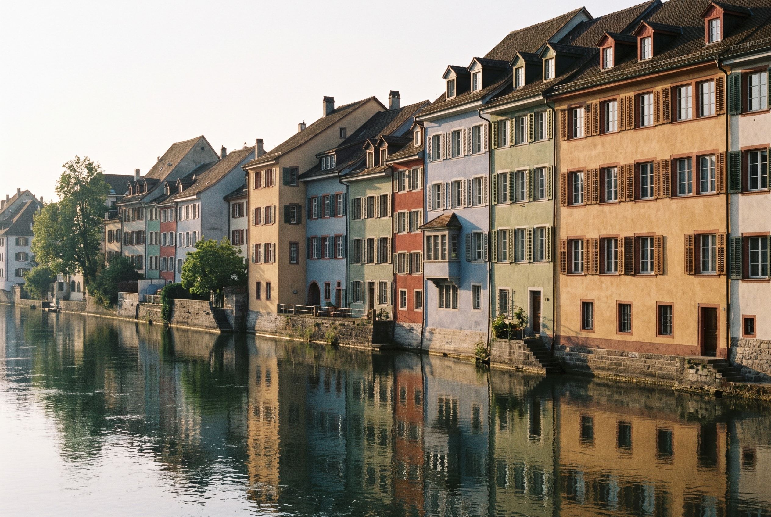 Farbige Altstadthäuser mit Fensterläden am Rheinufer in Basel