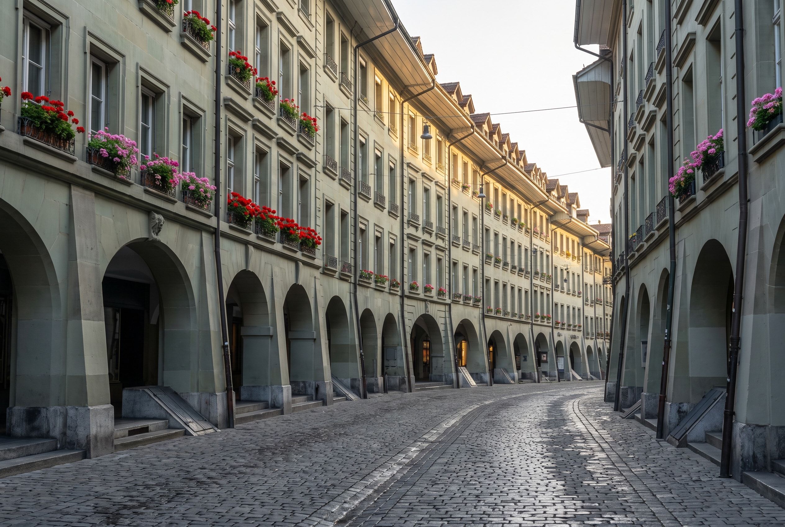 Sandsteinhäuser mit Lauben und Blumenkästen in einer Gasse der Berner Altstadt