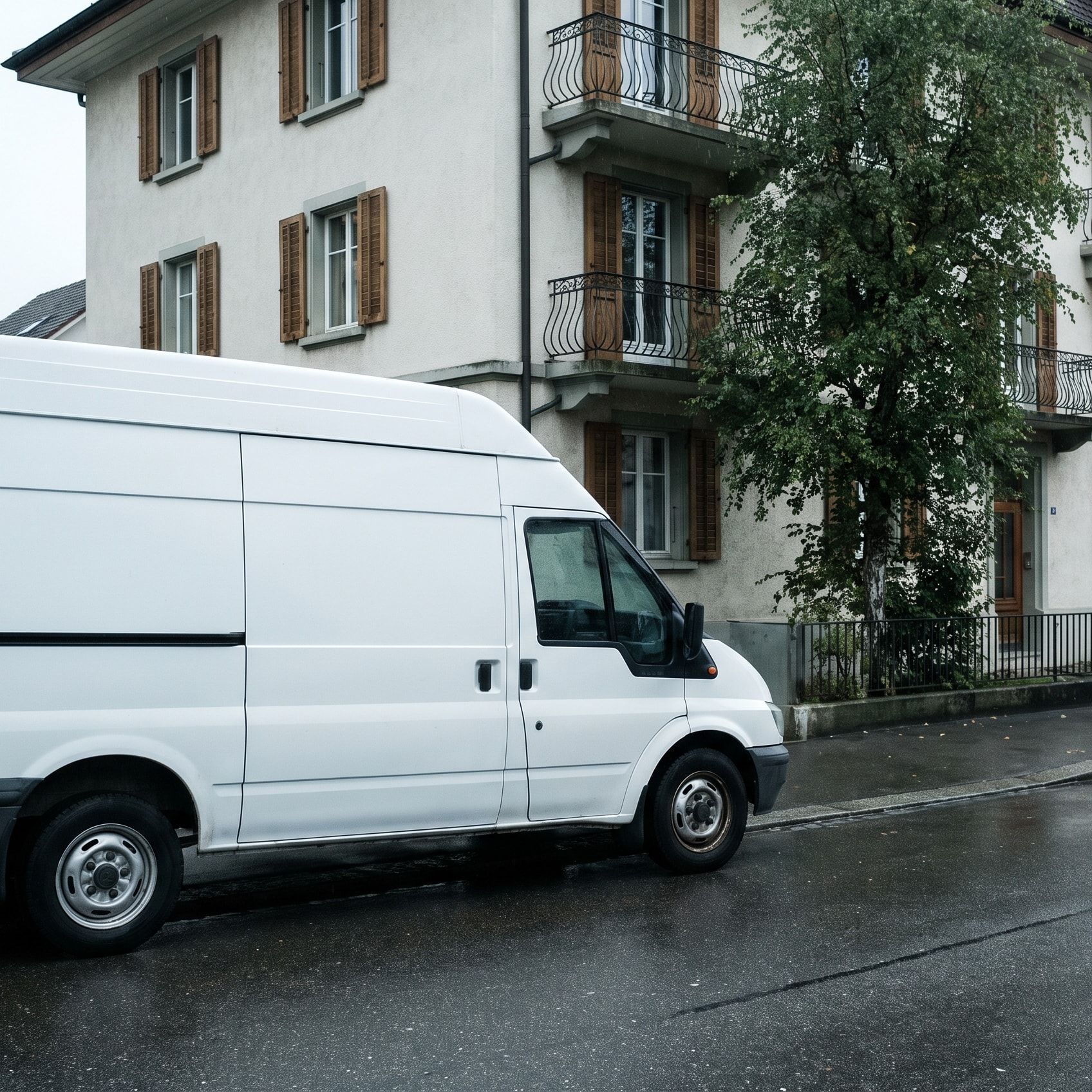 Weisser Lieferwagen ohne Beschriftung vor einem Mehrfamilienhaus