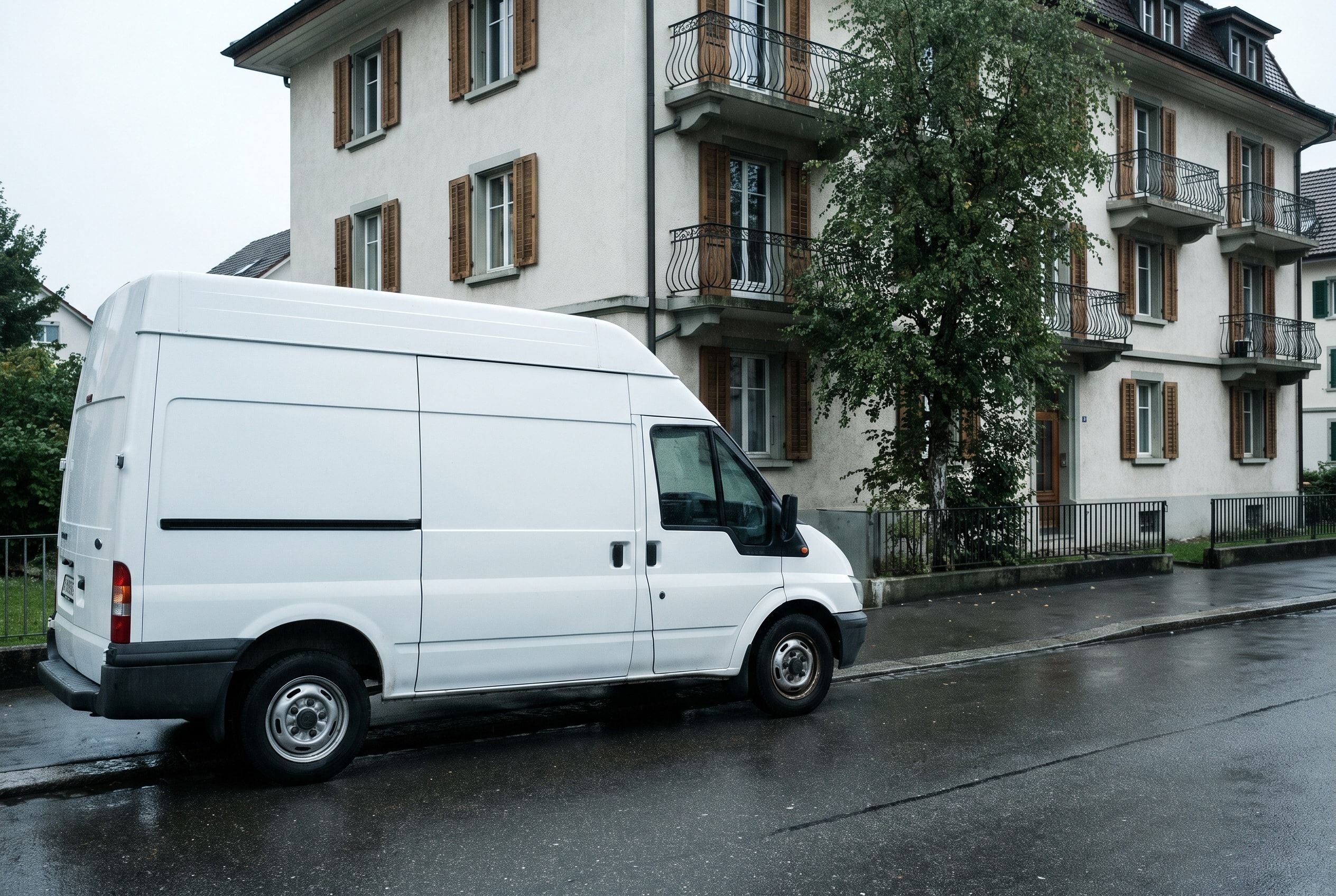 Weisser Lieferwagen ohne Beschriftung vor einem Mehrfamilienhaus