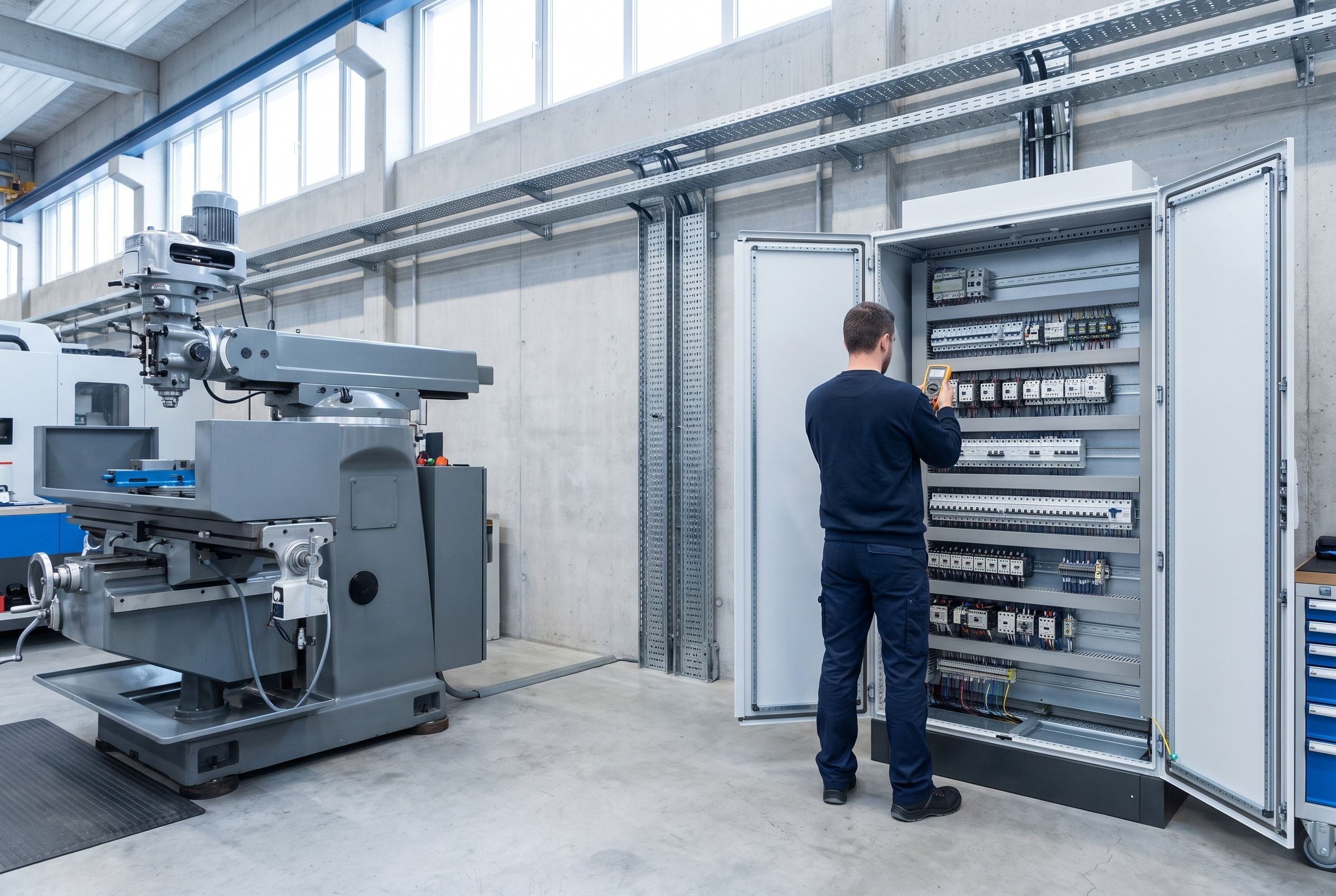 Elektriker in einer Werkstatt mit Maschinen und Verteilerkasten